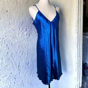 Vintage Lingerie Women's Blue  Satin Chemise Medium Nightgown Y2K